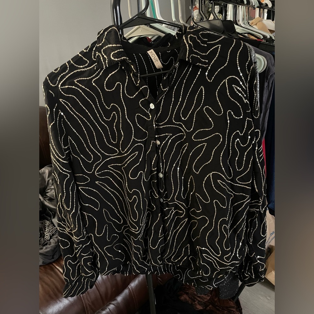 XCVI Black Button-Down Shirt with White Abstract Stitching